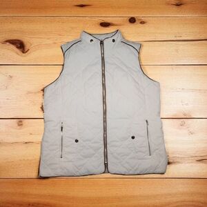 White Quilted Puffer Vest w/ Brown Trim – Size L / Pre owned